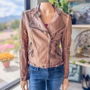 NWT- Blu Pepper, Carmel Brown Vegan Leather Moto Jacket, Women's Size Small